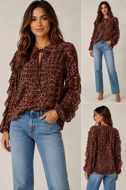 Rachel Zoe V-neck Ruffle Sleeve Cheetah Print Blouse Small Western Cowgirl #400